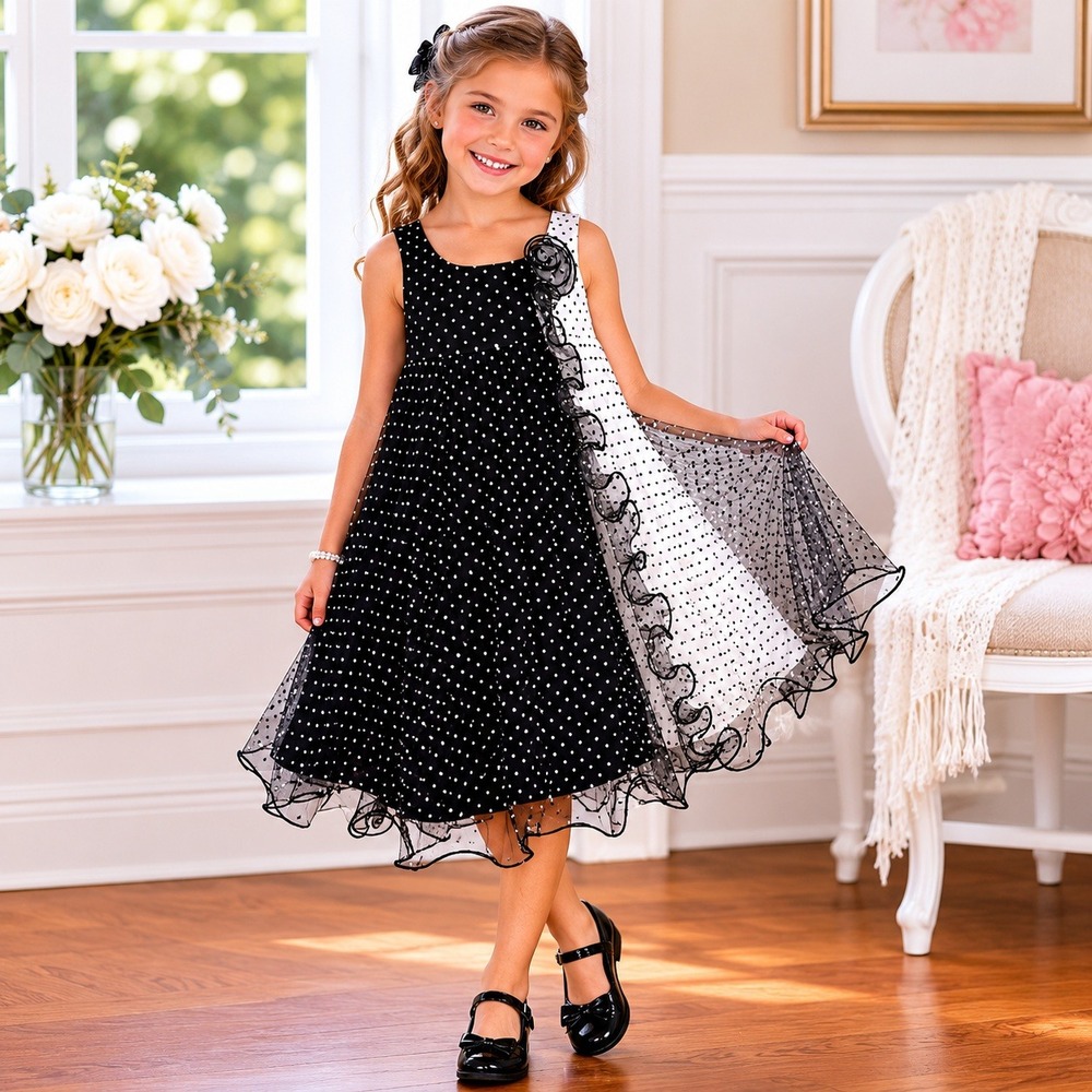 Girls Black White Polka Dot Party Dress Mesh Handkerchief Hem Tie Back